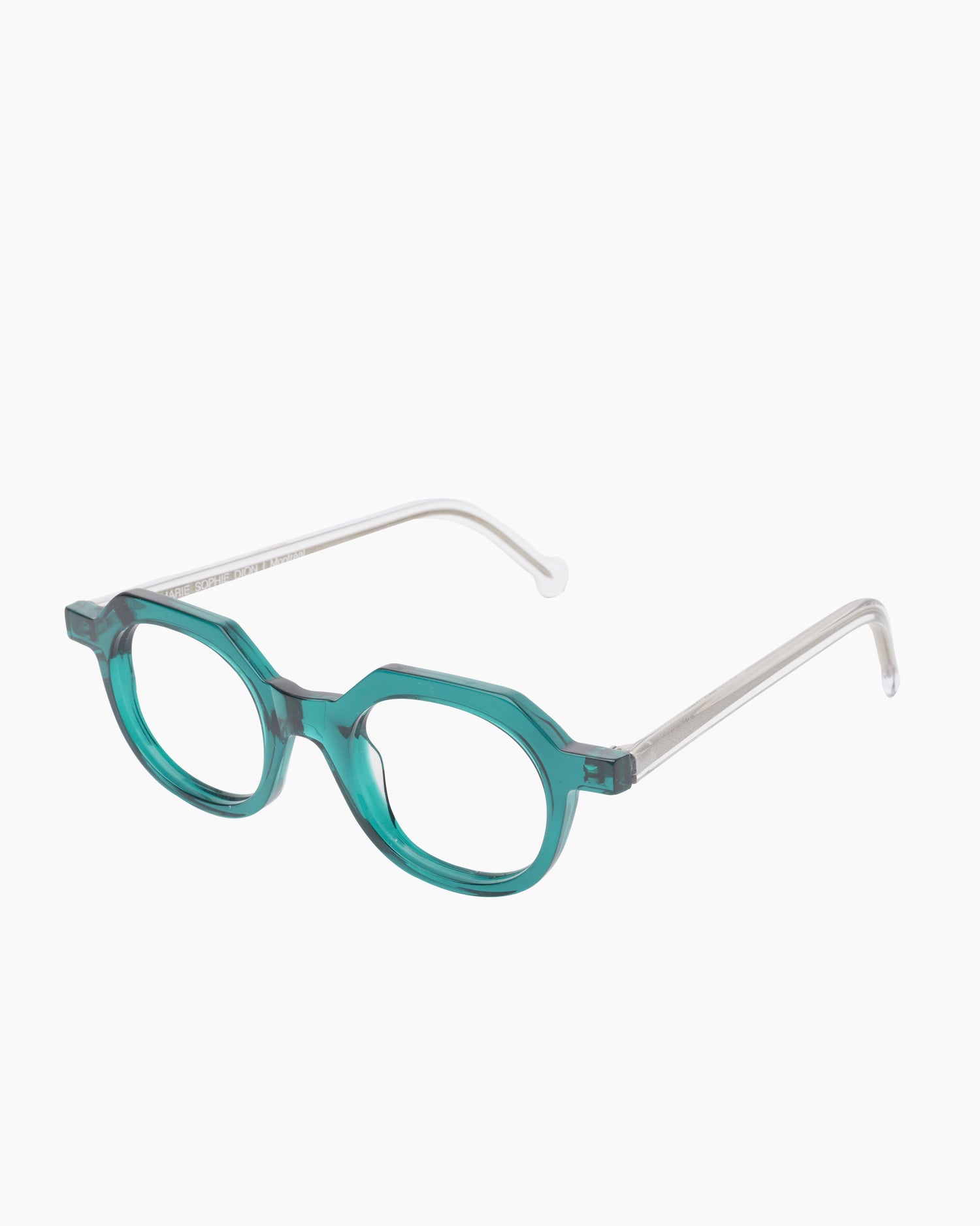 green plastic round eyeglasses by Marie-Sophie Dion model Larouche, front view, lunettes de vue rond couleur Vert