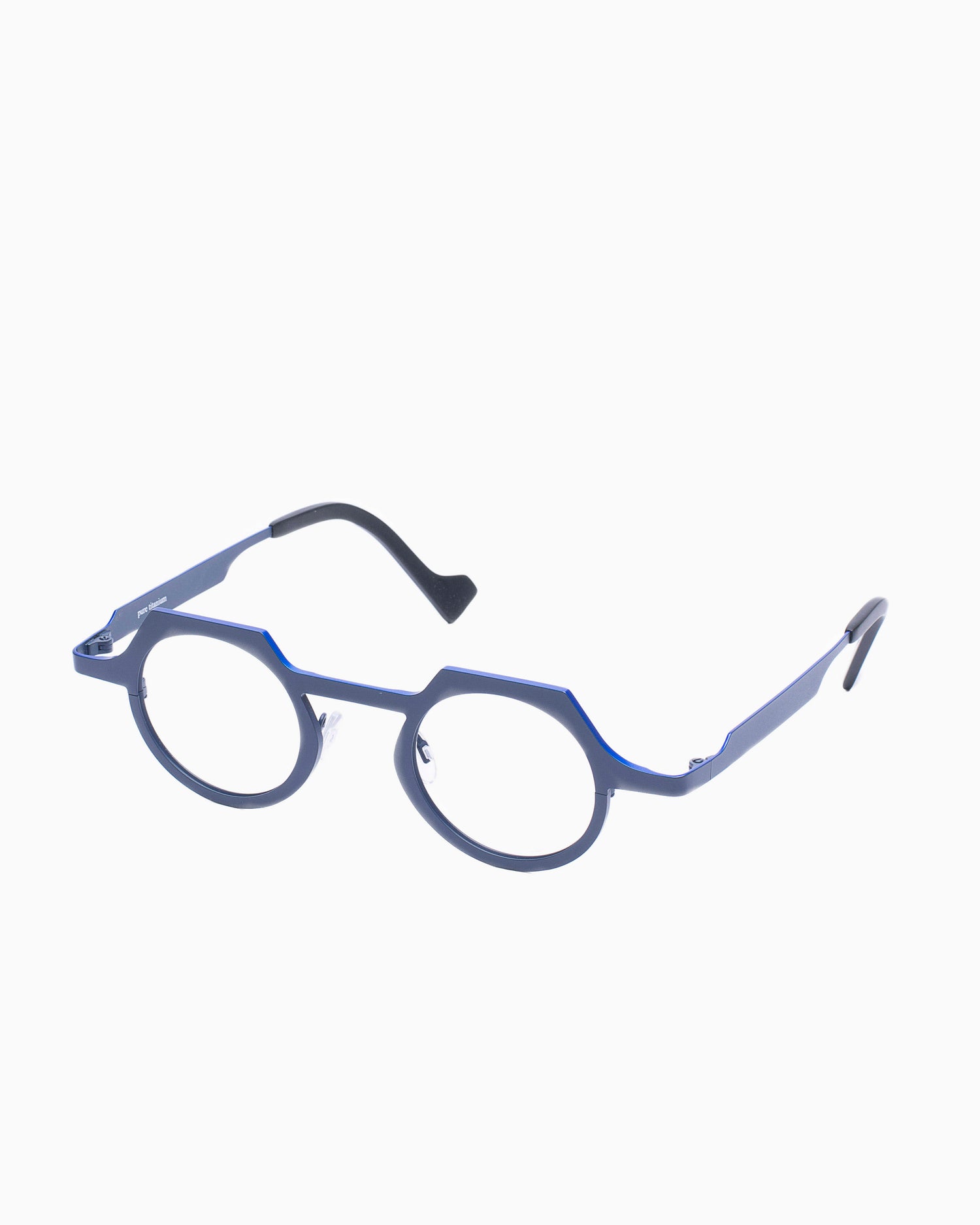 blue metal round eyeglasses by Theo model OCEANIA, front view, lunettes de vue rond couleur Bleu