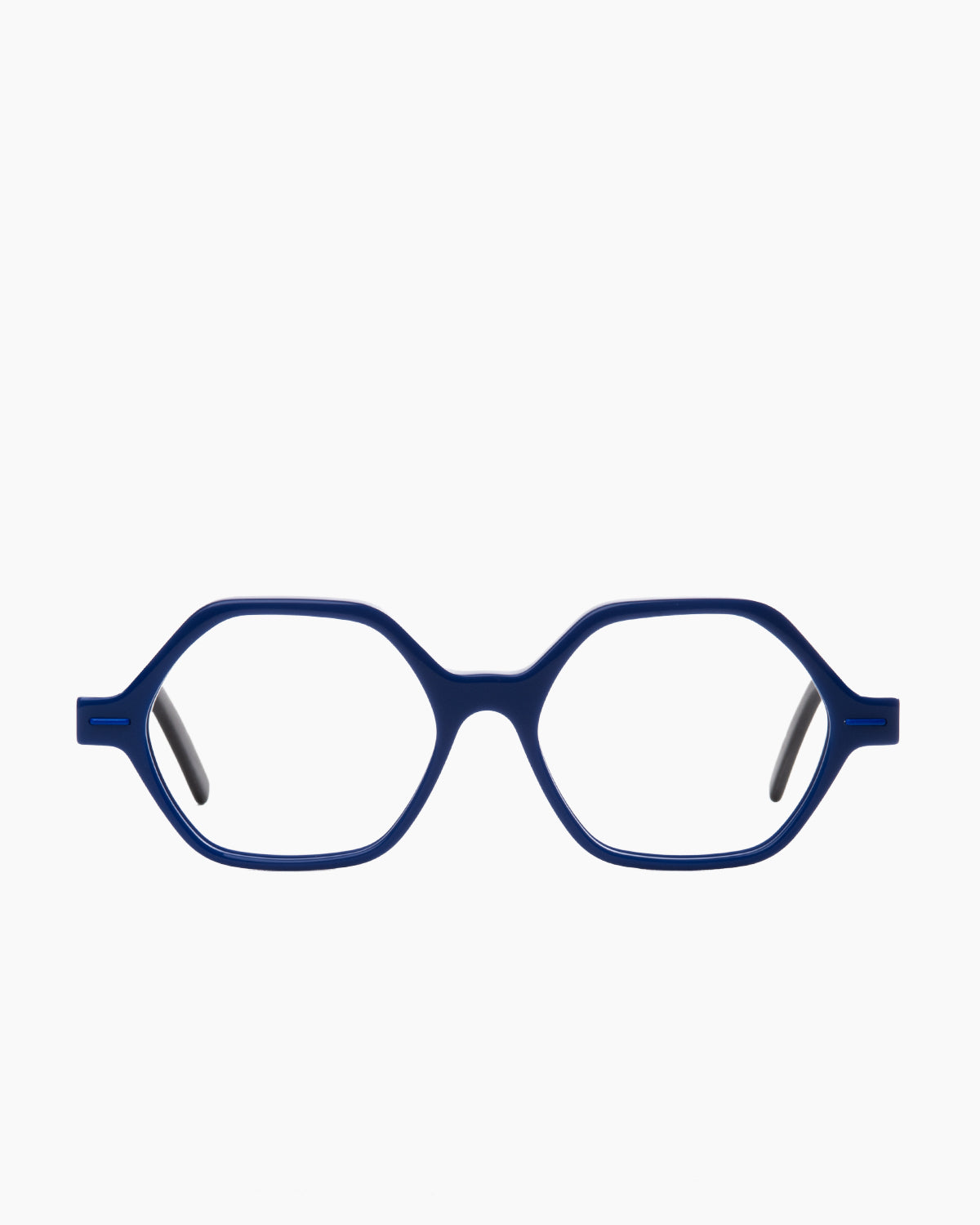 blue plastic hexagon eyeglasses by Theo model Tantu, front view, lunettes de vue hexagone couleur bleu