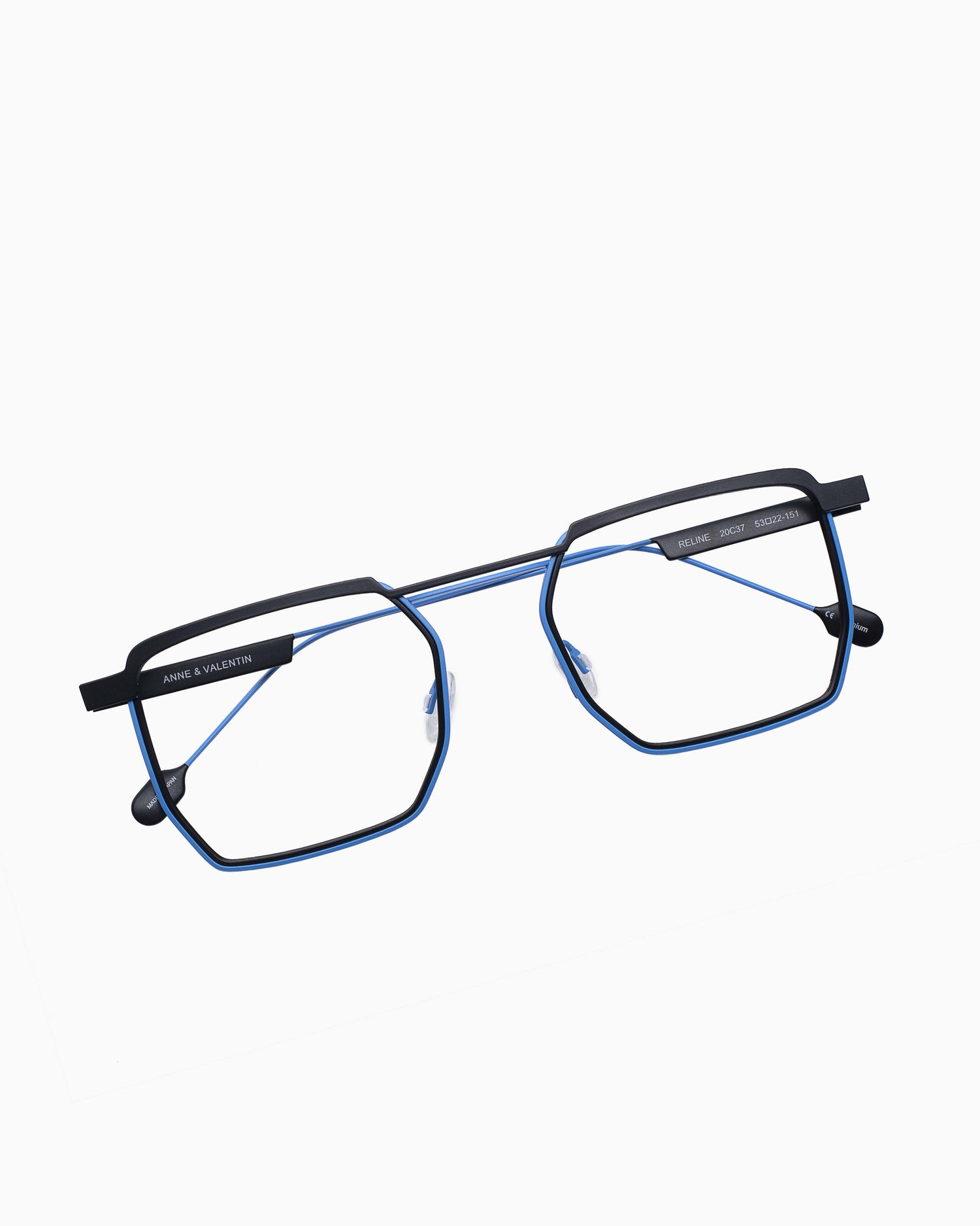 blue metal rectangle eyeglasses by Anne et Valentin model Reline, front view, lunettes de vue Bleu rectangle