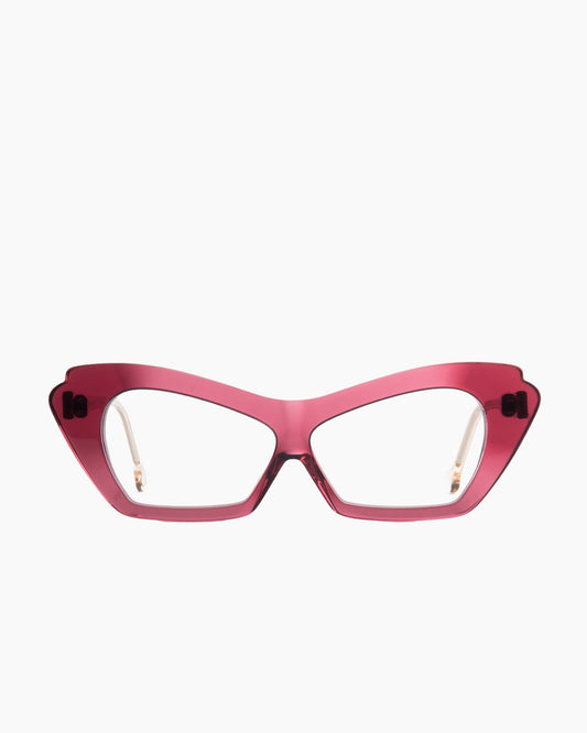 purple plastic butterfly eyeglasses by Marie-Sophie Dion model Ralaia, front view, lunettes de vue papillon couleur violet