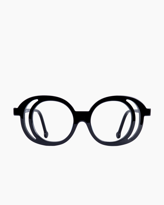black plastic round eyeglasses by Marie-Sophie Dion model ROCK, front view, lunettes de vue rond couleur Noir