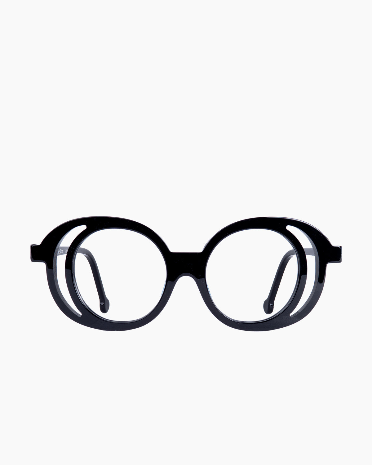 black plastic round eyeglasses by Marie-Sophie Dion model ROCK, front view, lunettes de vue rond couleur Noir