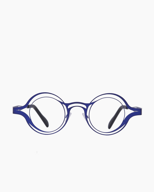 blue metal round eyeglasses by Theo model Zanzibar, front view, lunettes de vue rond couleur Bleu