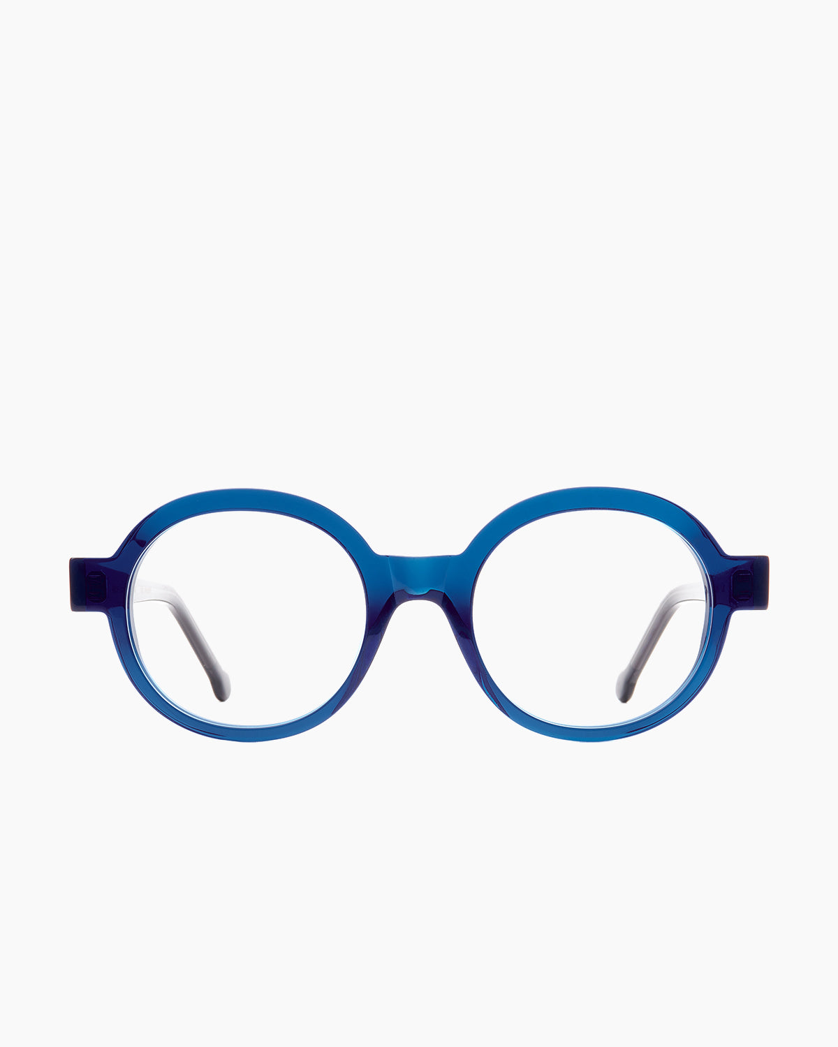 blue plastic round eyeglasses by Marie-Sophie Dion model , front view, lunettes de vue bleu rond