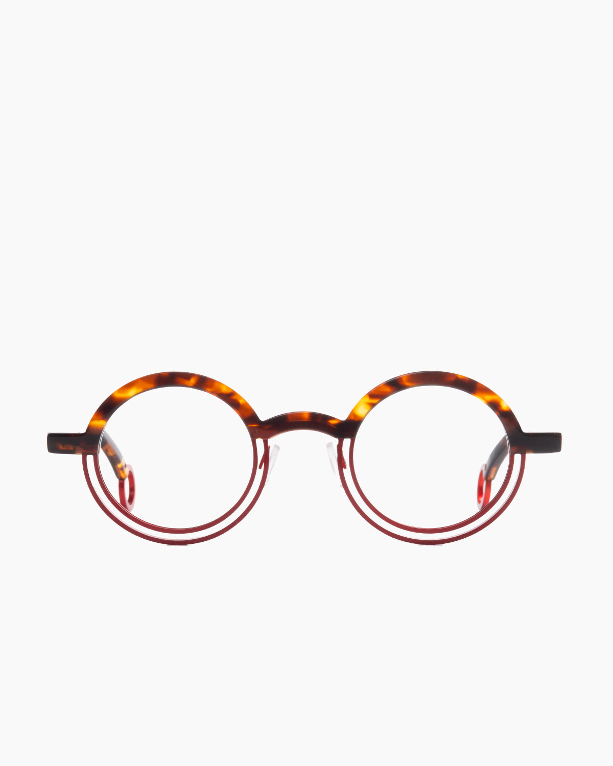 red metal round eyeglasses by Theo model kicker, front view, lunettes de vue rouge rond