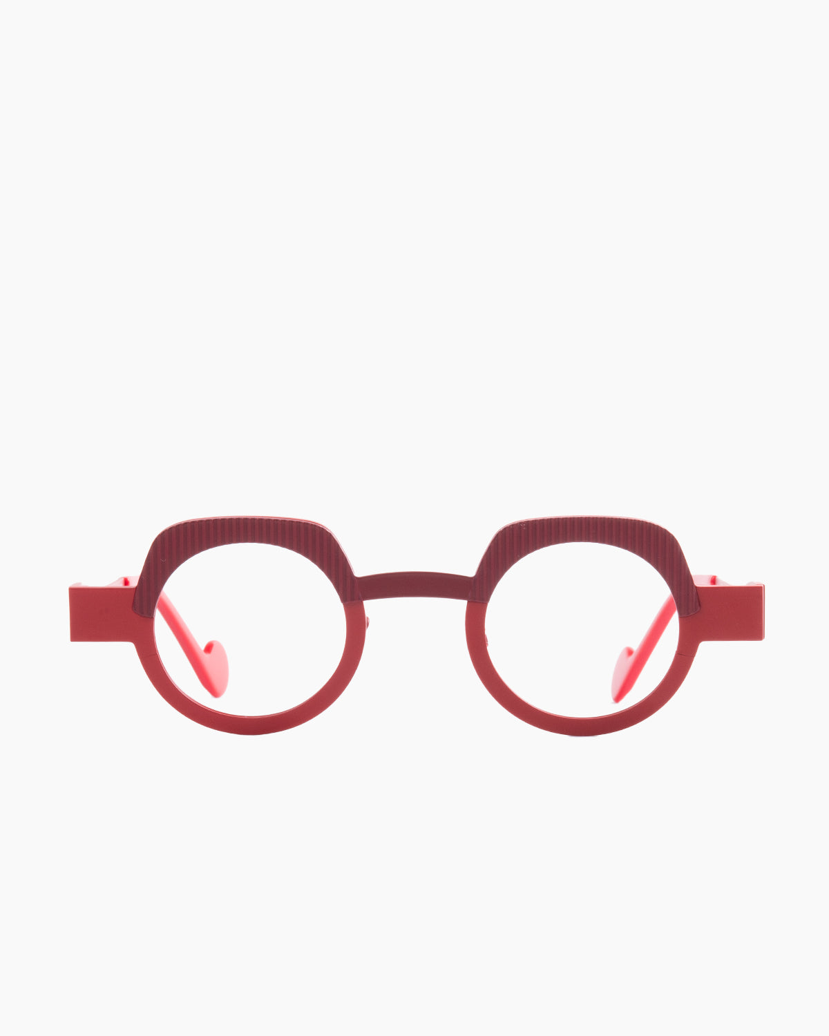 red metal round eyeglasses by Anne et Valentin model Vibrato, front view, lunettes de vue Rouge rond