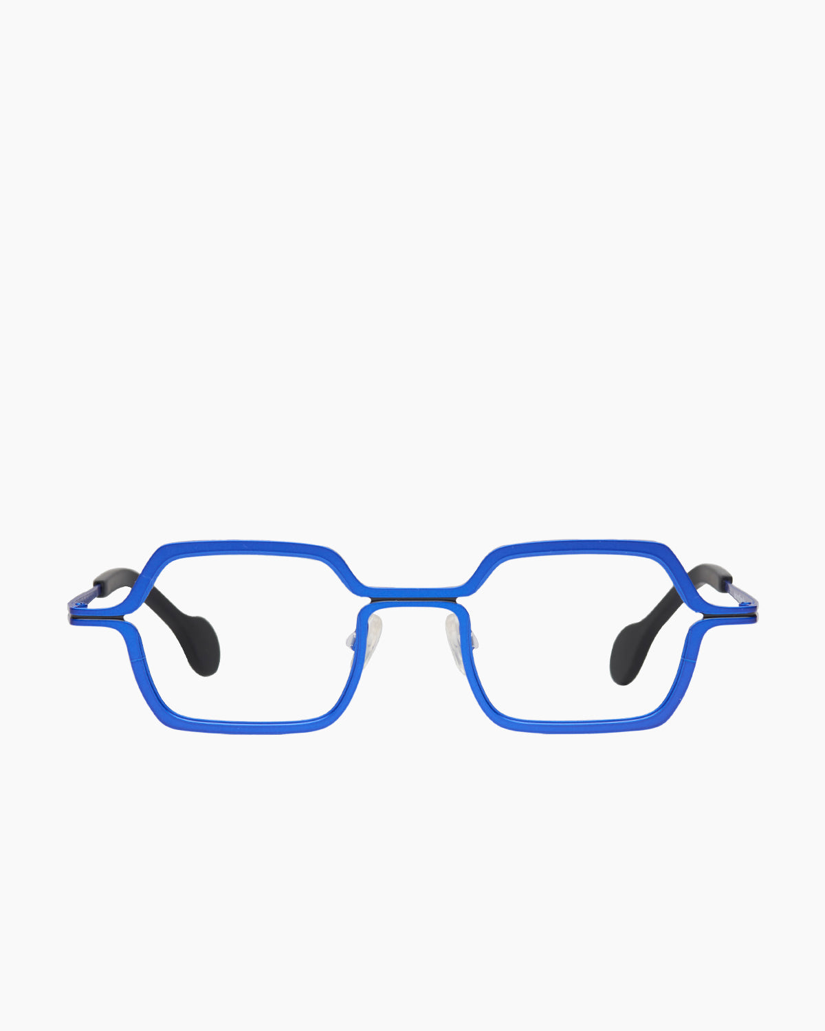 blue metal rectangle eyeglasses by Theo model line, front view, lunettes de vue rectangle couleur Bleu