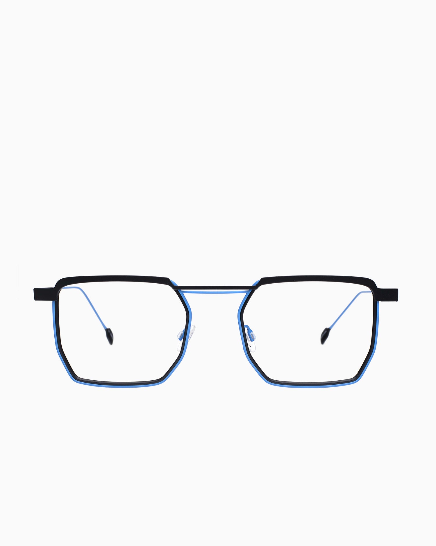 blue metal rectangle eyeglasses by Anne et Valentin model Reline, front view, lunettes de vue Bleu rectangle
