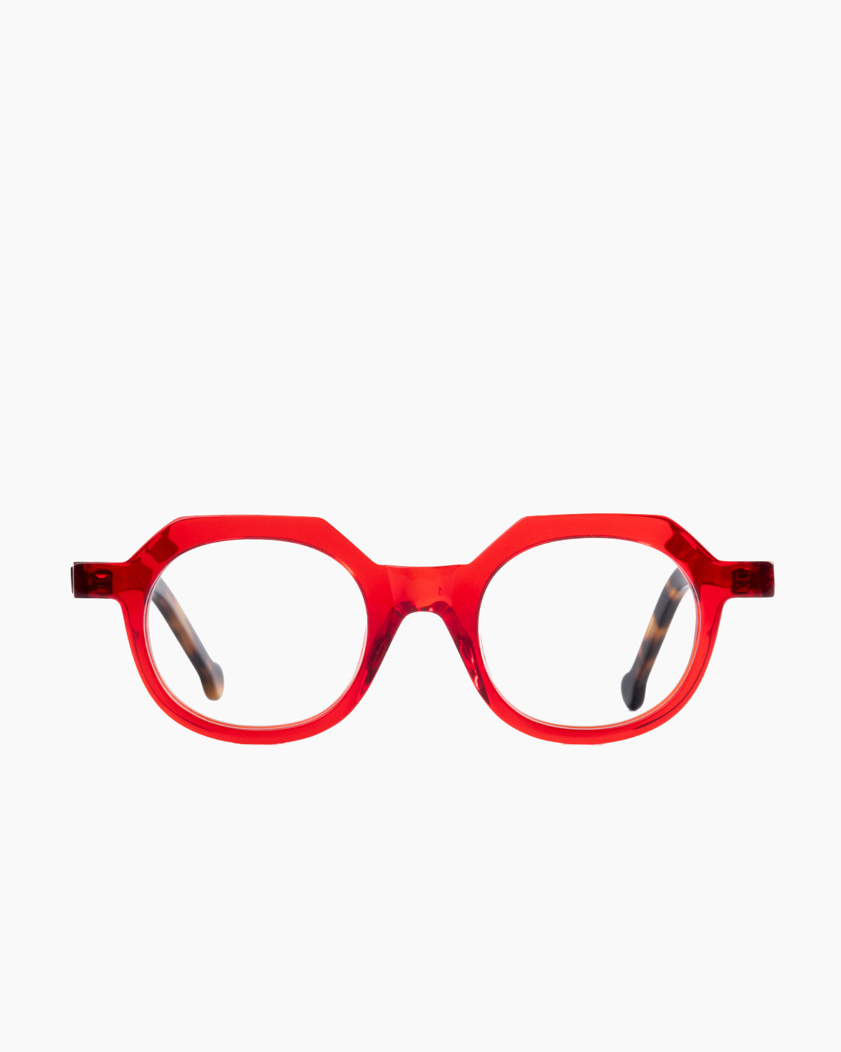 red plastic round eyeglasses by Marie-Sophie Dion model Larouche, front view, lunettes de vue rond couleur Rouge