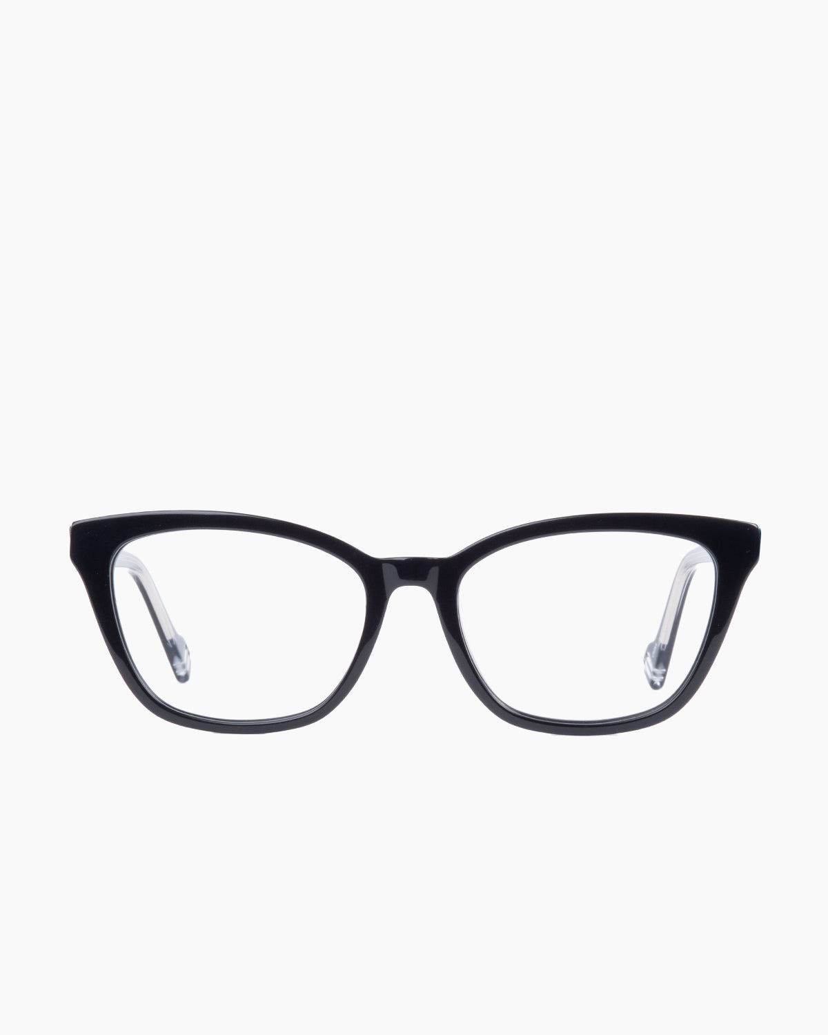black plastic cat eyeglasses by Evolve model Sally, front view, lunettes de vue Noir chat