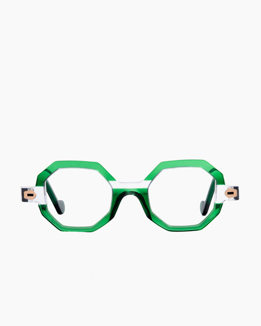 green plastic octogon eyeglasses by Anne et Valentin model TRANSPOSE, front view, lunettes de vue octogone couleur vert