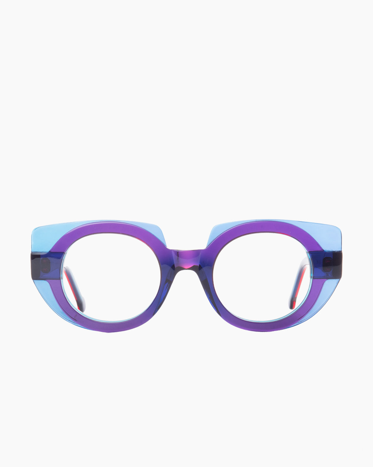 purple plastic round eyeglasses by Marie-Sophie Dion model , front view, lunettes de vue violet rond