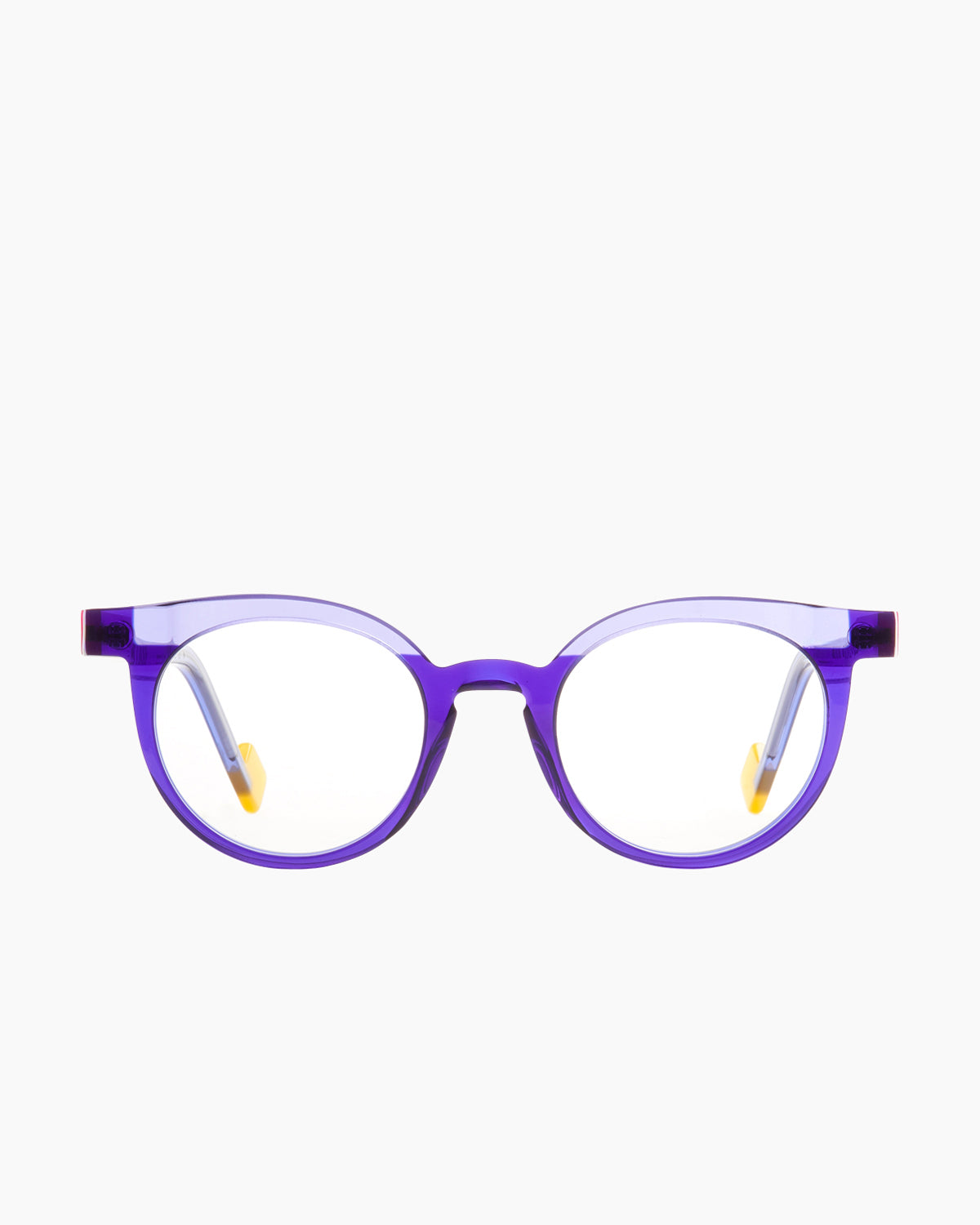 purple plastic round eyeglasses by Anne et Valentin model LEVEL, front view, lunettes de vue rond couleur violet