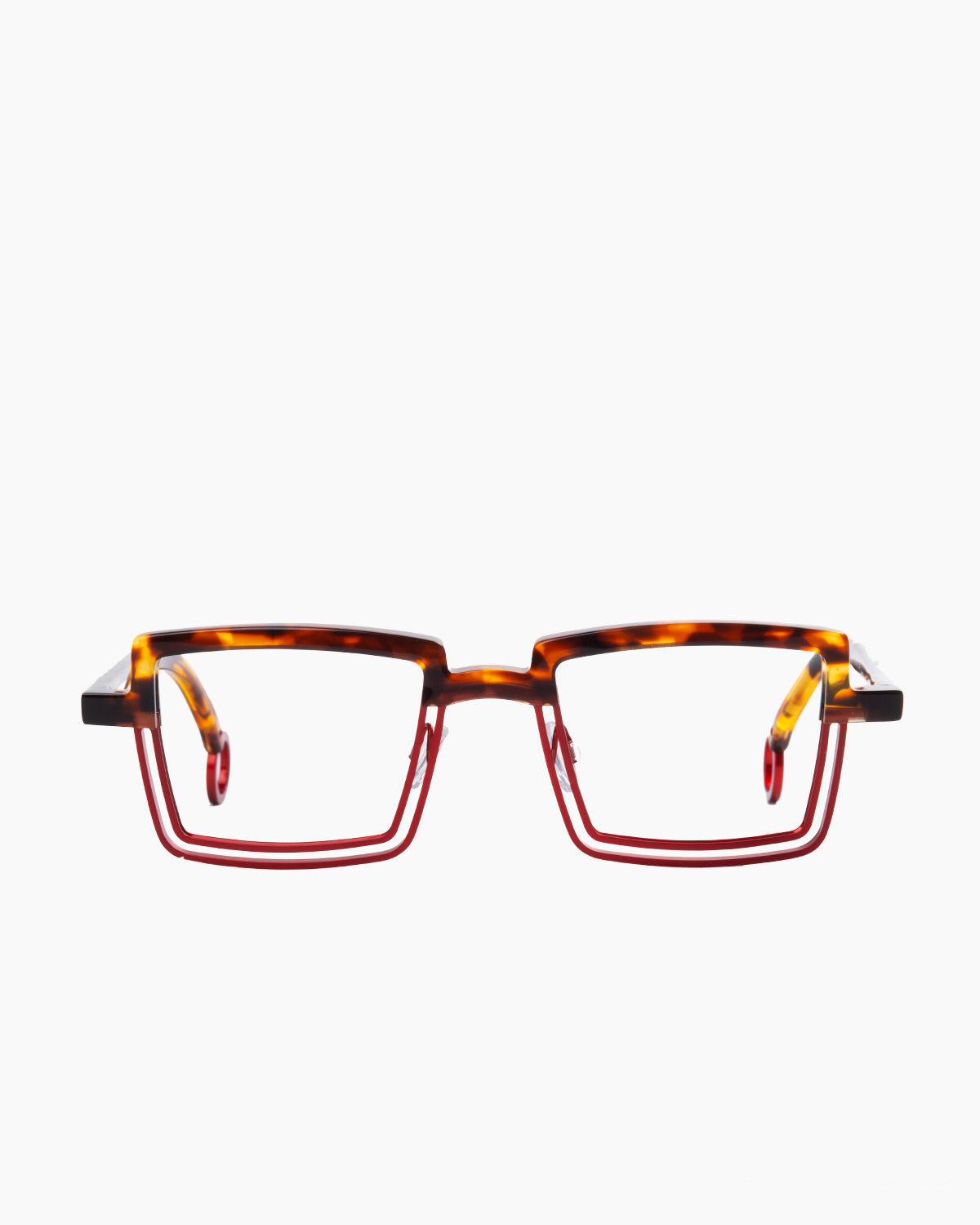 red metal rectangle eyeglasses by Theo model Spinner, front view, lunettes de vue rouge rectangle
