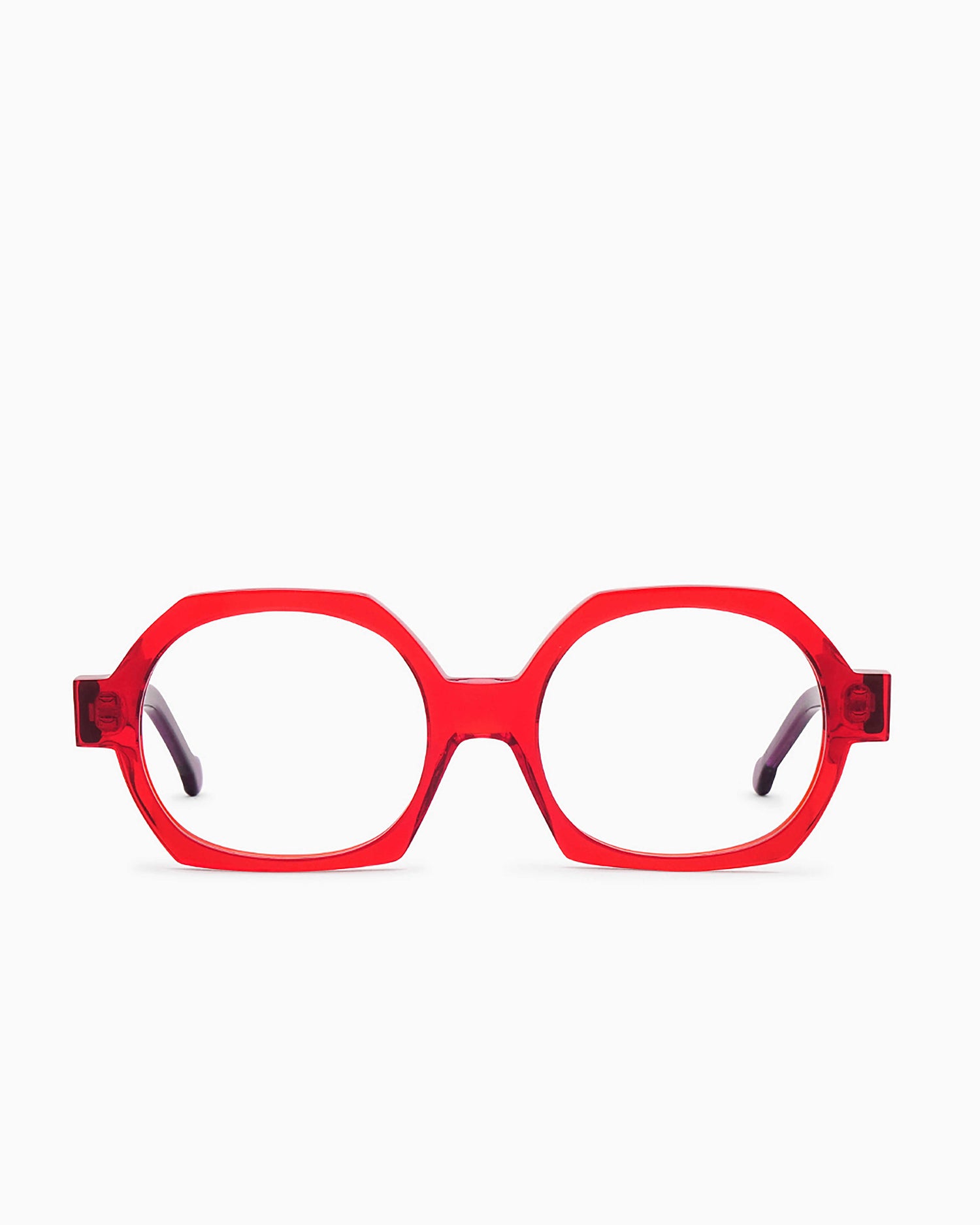 red plastic hexagon eyeglasses by Marie-Sophie Dion model Laperle.T, front view, lunettes de vue Rouge hexagone