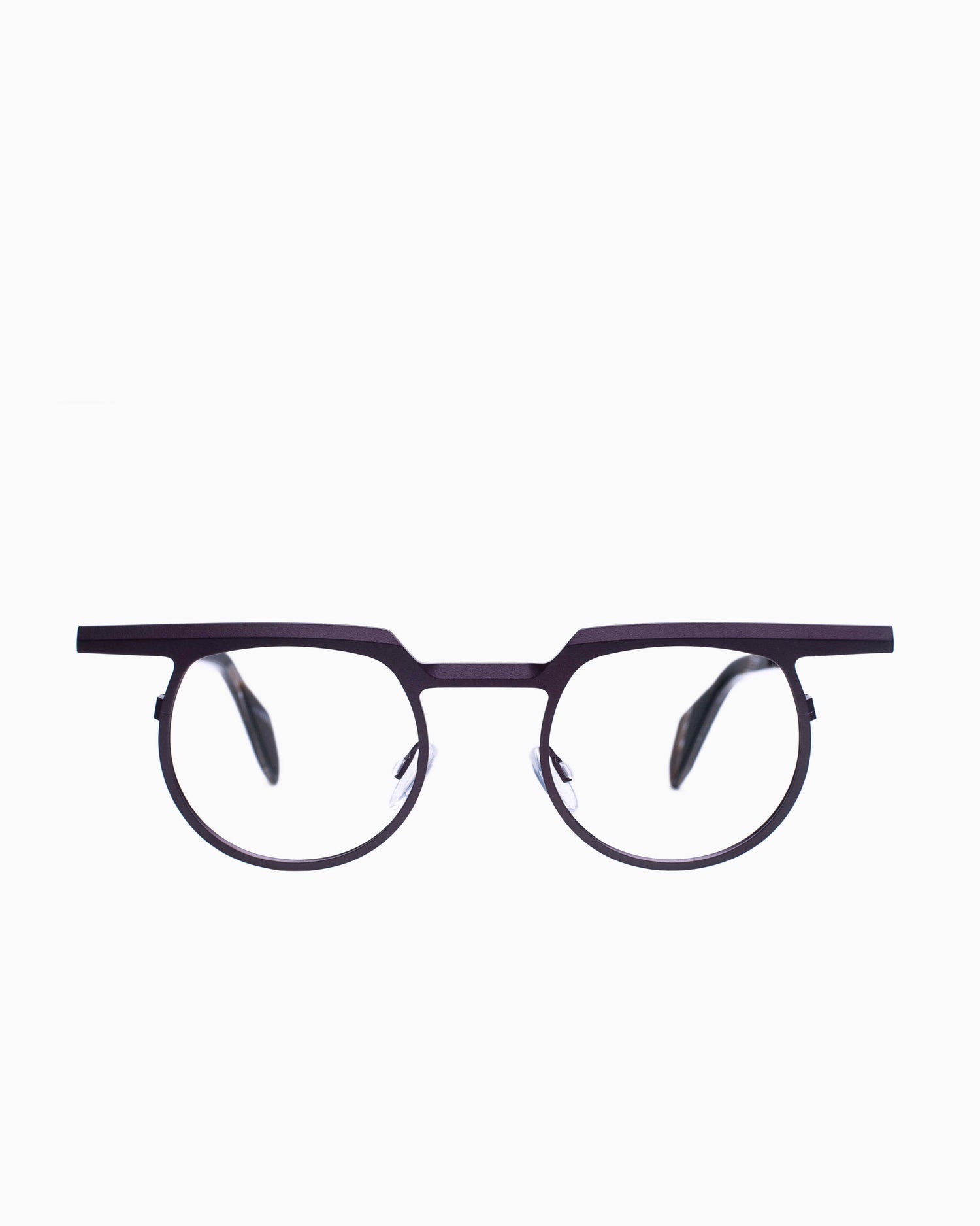 purple metal round eyeglasses by Theo model Zinnia, front view, lunettes de vue violet rond