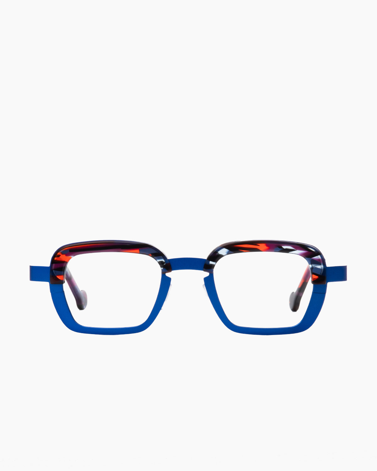blue metal rectangle eyeglasses by Theo model Parachute, front view, lunettes de vue rectangle couleur bleu