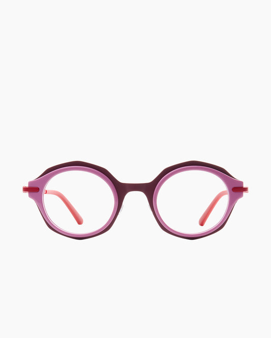 pink metal octogon eyeglasses by Bevel model Amoree, front view, lunettes de vue octogone couleur rose