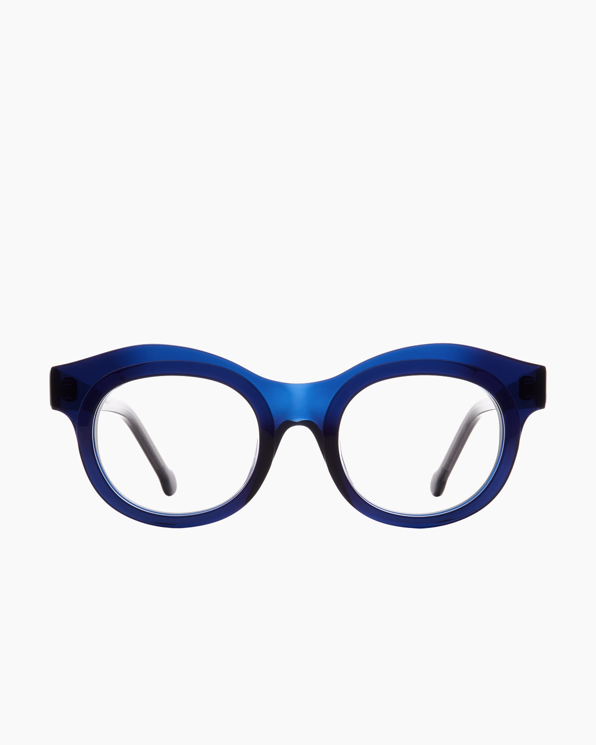 blue plastic round eyeglasses by Marie-Sophie Dion model Bibaud, front view, lunettes de vue rond couleur Bleu