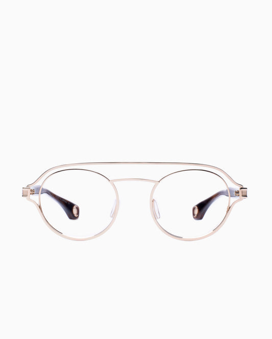 gold metal aviator eyeglasses by Blake Kuwahara model Stirling, front view, lunettes de vue aviateur couleur or