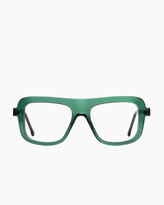 green plastic aviator eyeglasses by Marie-Sophie Dion model Serge, front view, lunettes de vue aviateur couleur vert