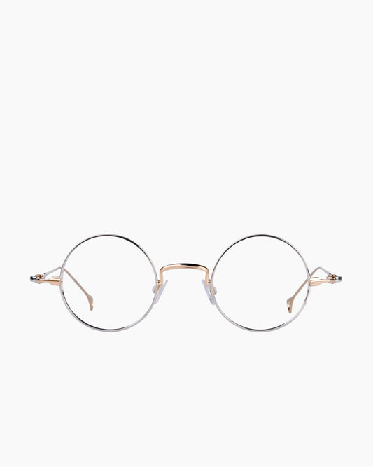 silver metal round eyeglasses by Anne et Valentin model BOHEME, front view, lunettes de vue rond couleur argent
