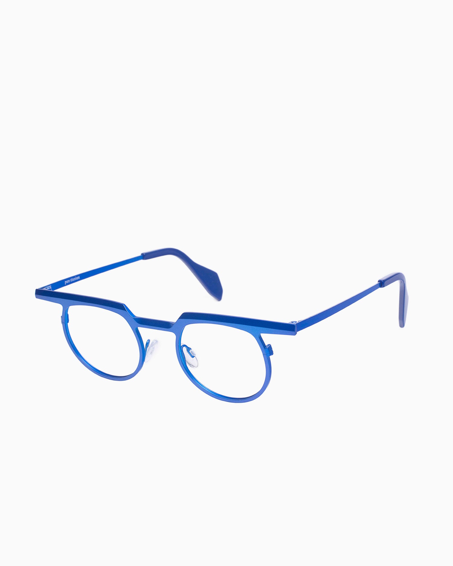 blue metal round eyeglasses by Theo model Zinnia, front view, lunettes de vue Bleu rond