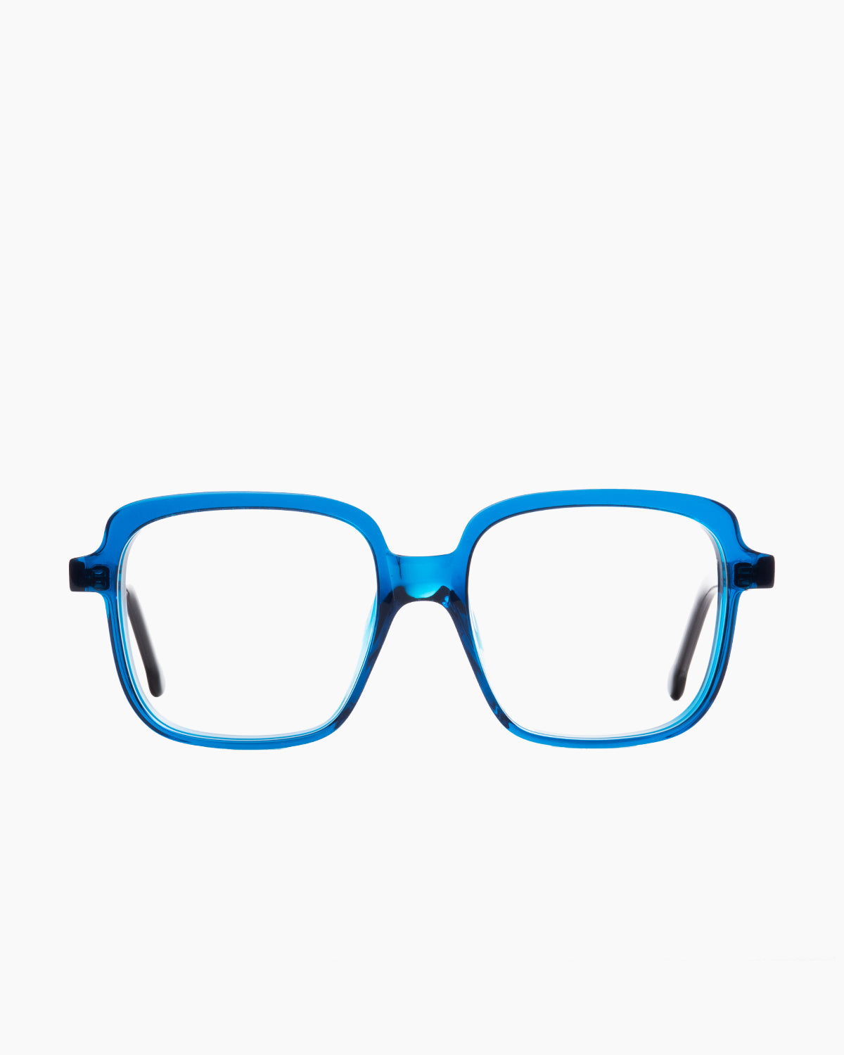 blue plastic rectangle eyeglasses by Marie-Sophie Dion model , front view, lunettes de vue bleu rectangle