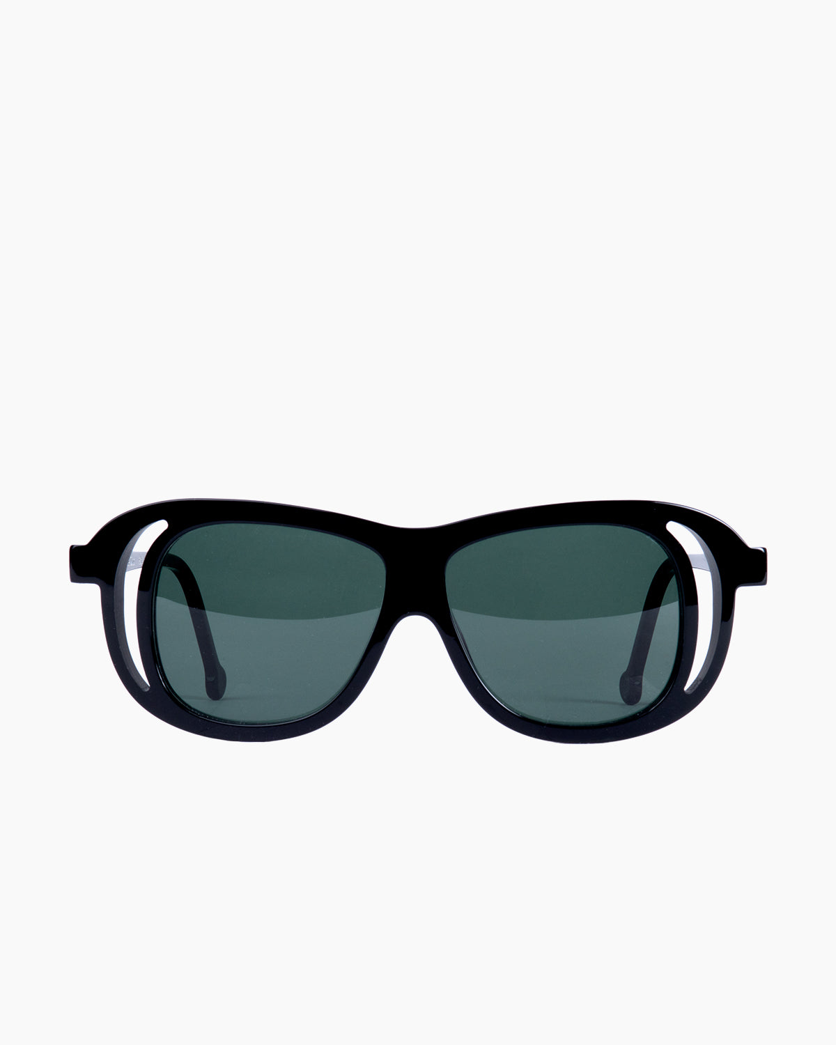 black plastic aviator  sunglassesby Marie-Sophie Dion model RollSun, front view, lunettes de vue aviateur couleur Noir