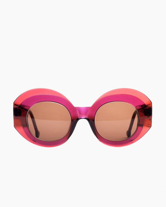 pink plastic round  sunglassesby Marie-Sophie Dion model Gingues, front view, lunettes de vue rond couleur rose