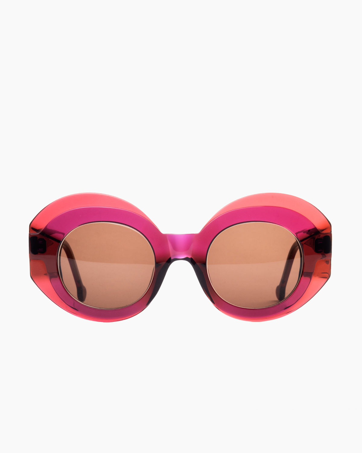 pink plastic round  sunglassesby Marie-Sophie Dion model Gingues, front view, lunettes de vue rond couleur rose