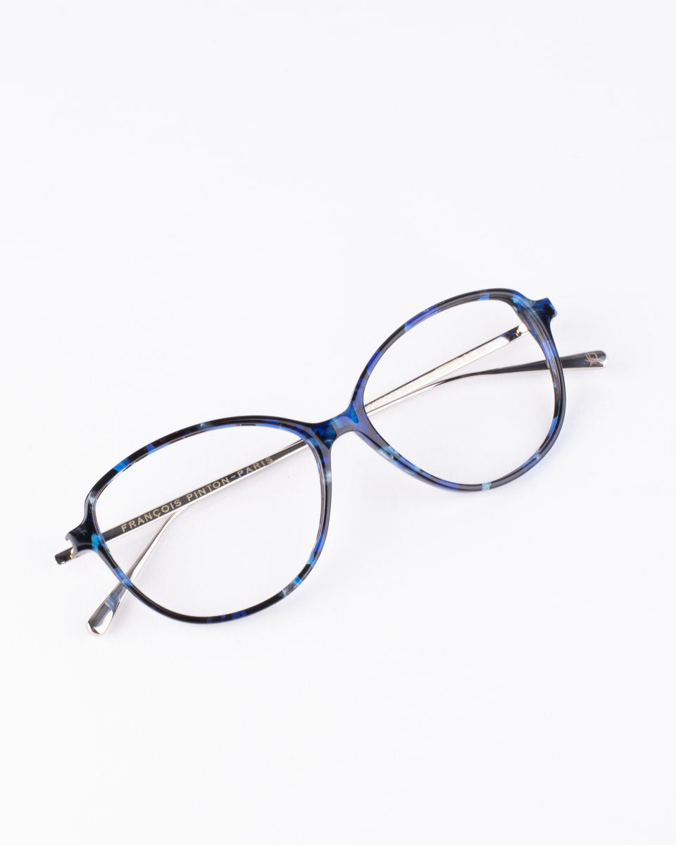 blue plastic cat eyeglasses by Francois Pinton model Gypset5, front view, lunettes de vue Bleu 