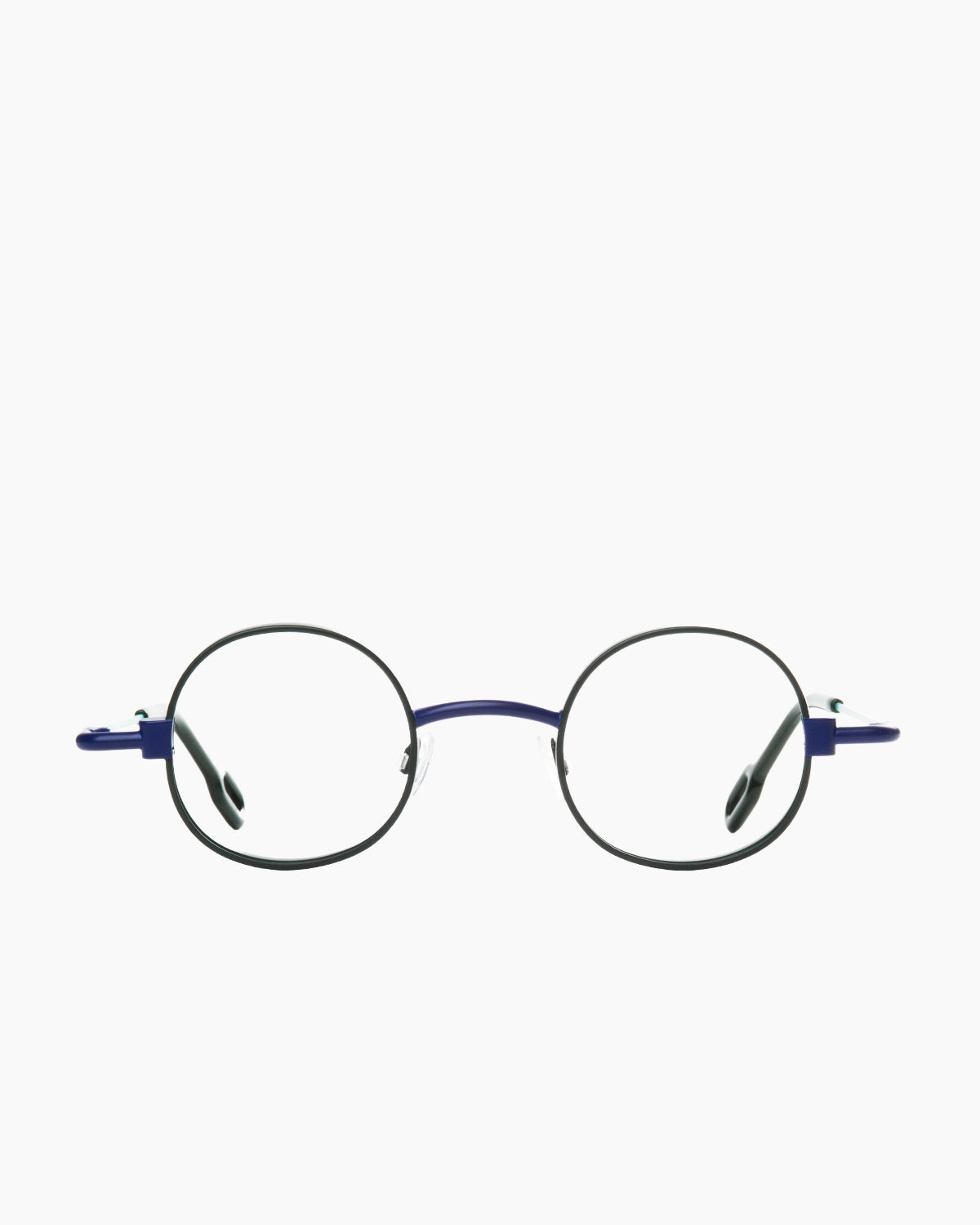 green metal round eyeglasses by Anne et Valentin model MECACOOL, front view, lunettes de vue rond couleur vert