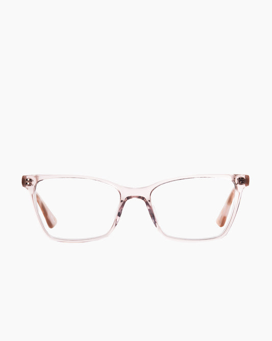 pink plastic cat eyeglasses by Evolve model Kimberly, front view, lunettes de vue chat couleur rose