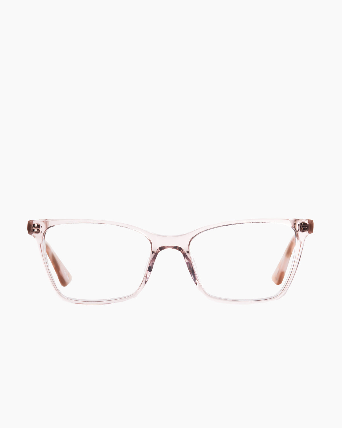 pink plastic cat eyeglasses by Evolve model Kimberly, front view, lunettes de vue chat couleur rose