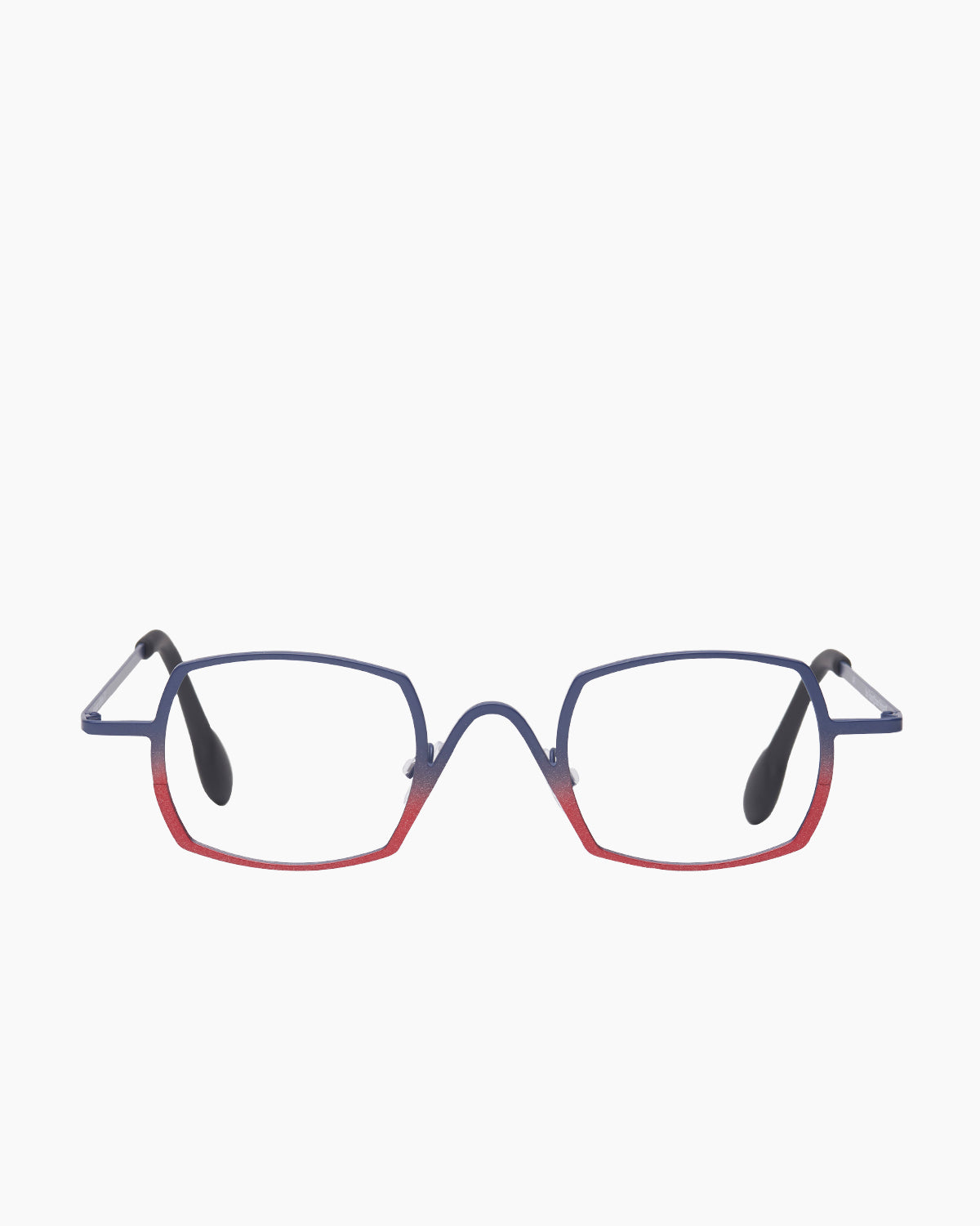 red metal rectangle eyeglasses by Theo model Trajan, front view, lunettes de vue rectangle couleur rouge