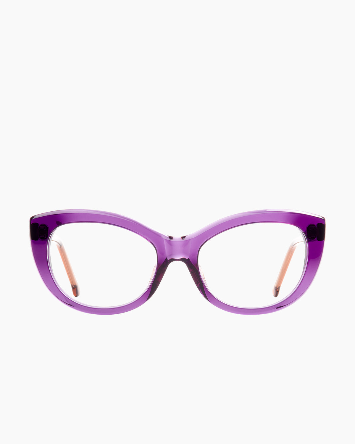 purple plastic cat eyeglasses by Marie-Sophie Dion model Abid, front view, lunettes de vue chat couleur violet