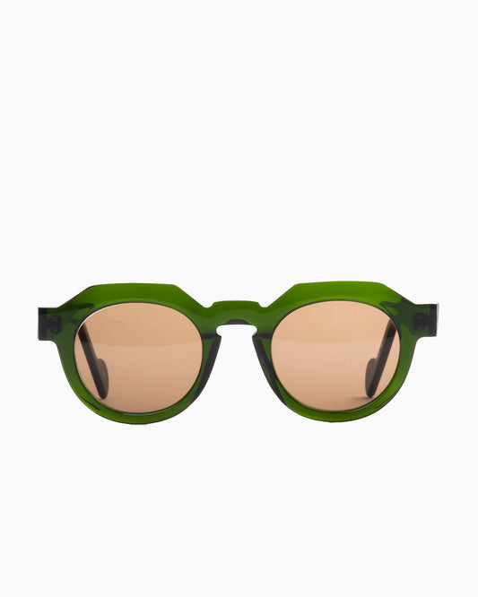green plastic round  sunglassesby Anne et Valentin model Serge, front view, lunettes de vue rond couleur vert