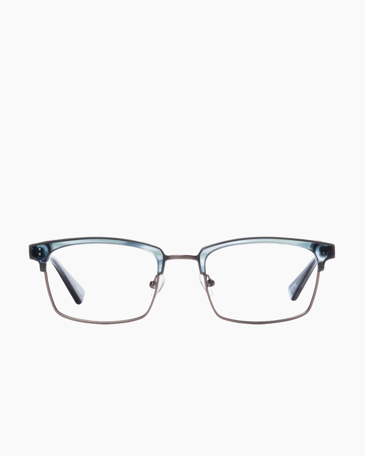 blue metal rectangle eyeglasses by Evolve model Grover, front view, lunettes de vue bleu rectangle
