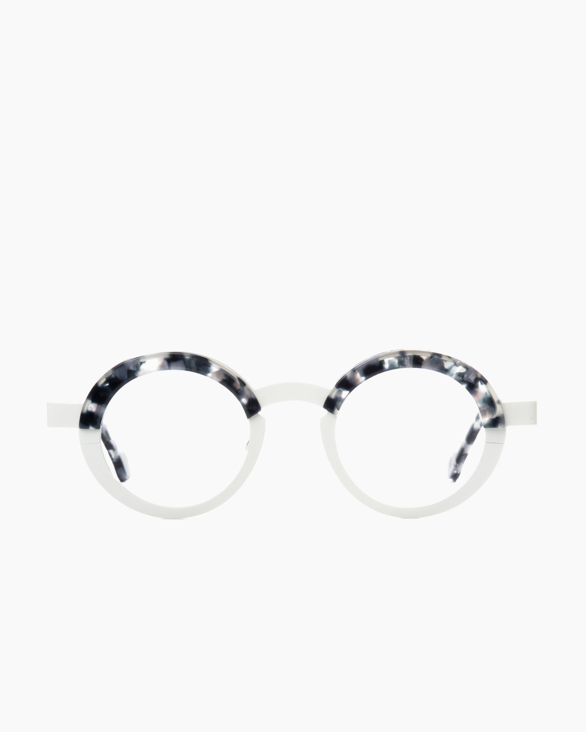 white metal round eyeglasses by Theo model Balloon, front view, lunettes de vue rond couleur blanc