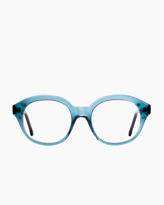 blue plastic round eyeglasses by Marie-Sophie Dion model Volkl, front view, lunettes de vue rond couleur bleu