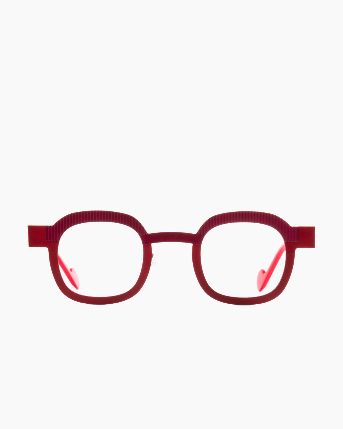 red metal rectangle eyeglasses by Anne et Valentin model Variato, front view, lunettes de vue Rouge rectangle