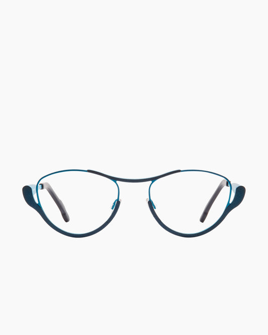 turquoise metal cat eyeglasses by Theo model Jump, front view, lunettes de vue chat couleur turquoise