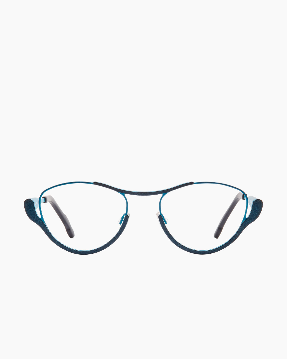 turquoise metal cat eyeglasses by Theo model Jump, front view, lunettes de vue chat couleur turquoise