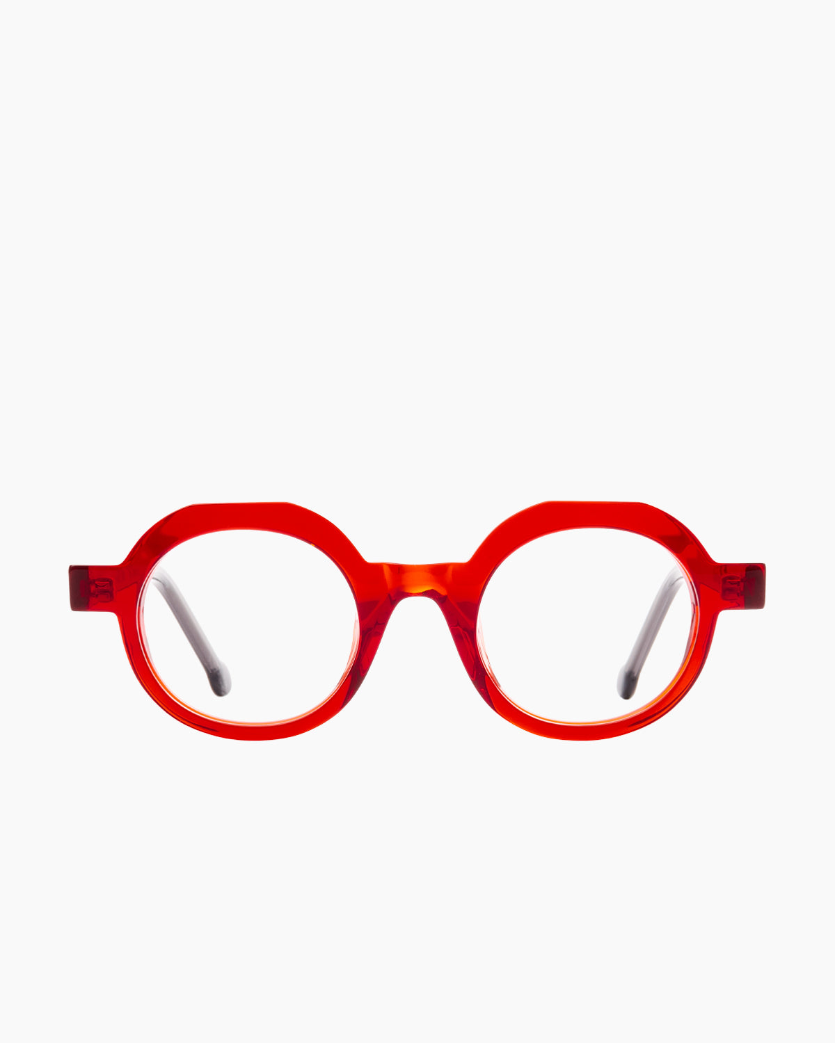 red plastic round eyeglasses by Marie-Sophie Dion model Rambou, front view, lunettes de vue rond couleur rouge