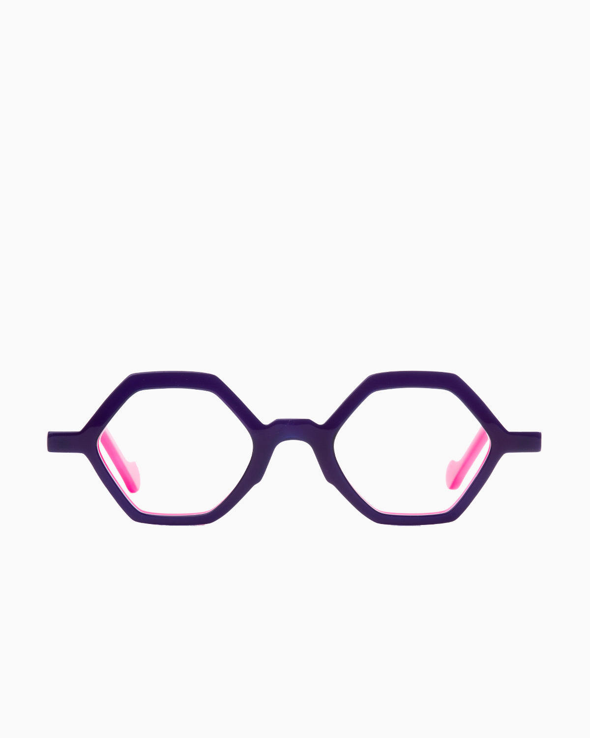 purple plastic hexagon eyeglasses by Anne et Valentin model akiko, front view, lunettes de vue violet hexagone