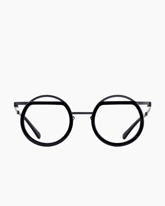 black metal round eyeglasses by Gamine model Trim, front view, lunettes de vue rond couleur Noir