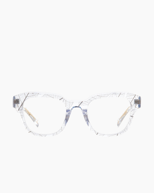 crystal plastic rectangle eyeglasses by Spectacleeyeworks model Becca, front view, lunettes de vue rectangle couleur cristal