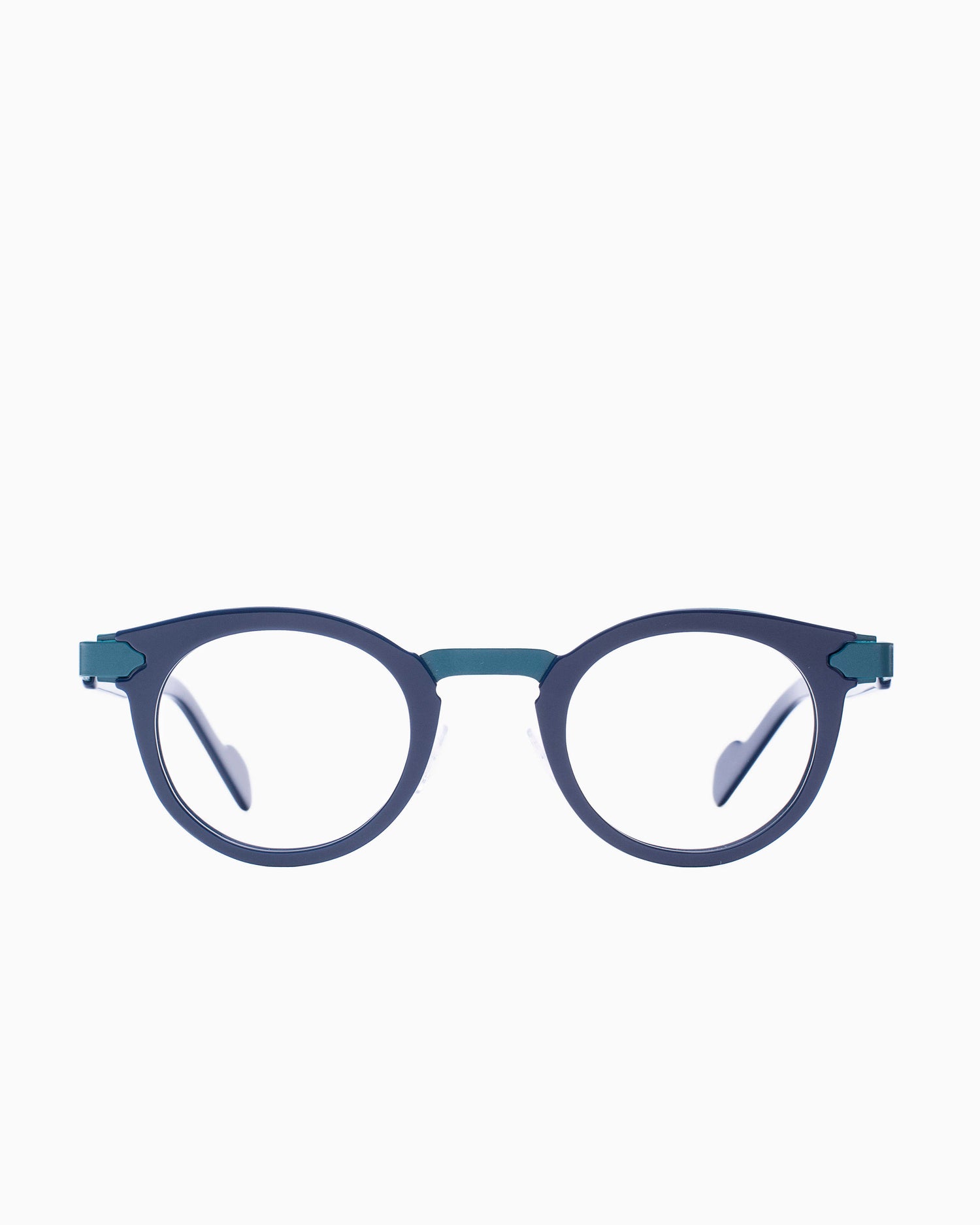 blue metal round eyeglasses by Anne et Valentin model erwin, front view, lunettes de vue Bleu rond